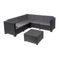 Conjunto de jardín Oasis gris grafito con sofá rinconero de 5 plazas y mesa de centro cuadrada.