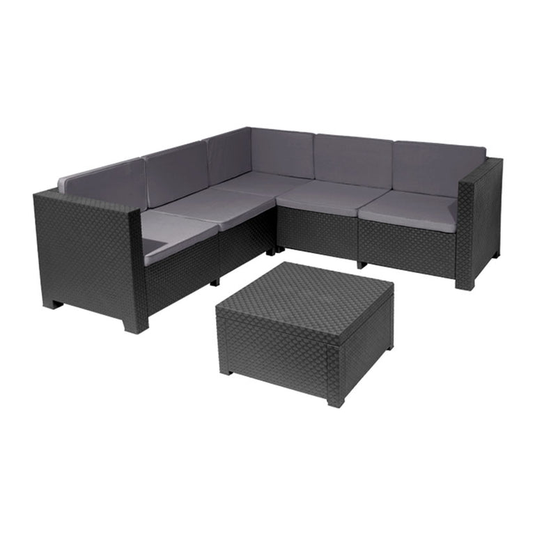 Conjunto de jardín Oasis gris grafito con sofá rinconero de 5 plazas y mesa de centro cuadrada.