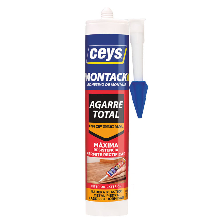 Cartucho de adhesivo de montaje CEYS Montack Profesional 300ml con cánula aplicadora para agarre total en construcción.