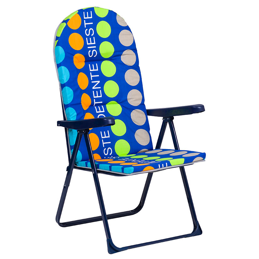 Sillón de jardín multiposición plegable con estructura de acero azul y cojín acolchado multicolor diseño puntos.