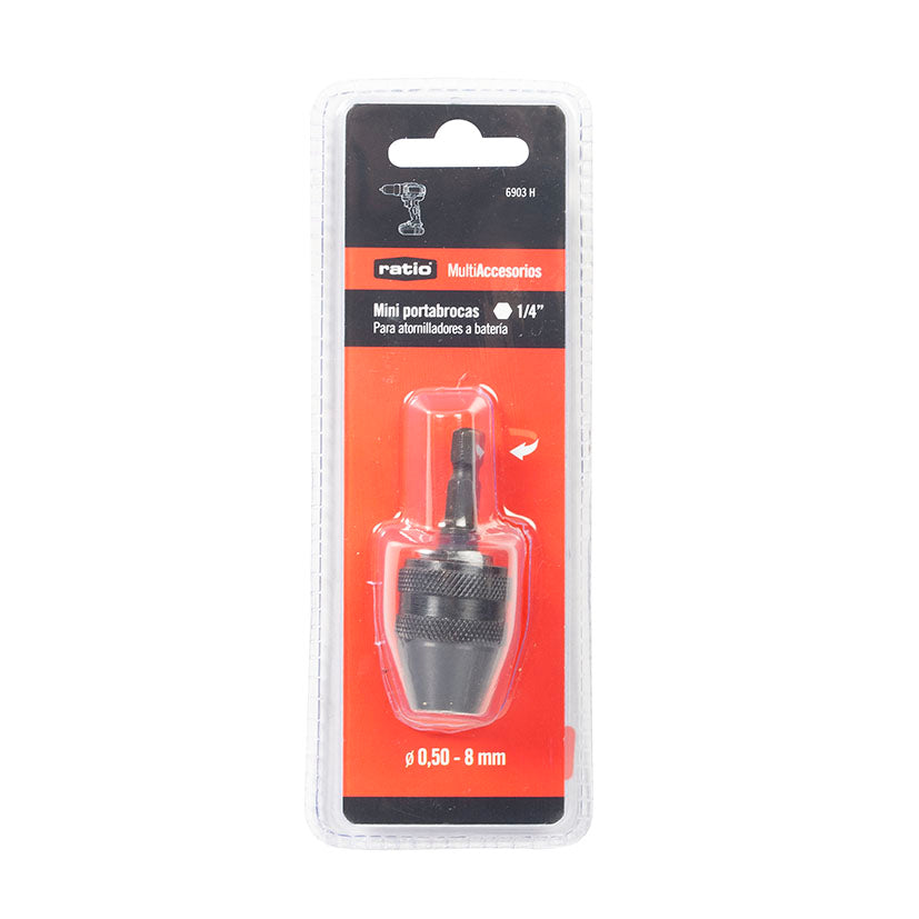 Embalaje original del mini portabrocas RATIO 6903H para atornilladores de batería.