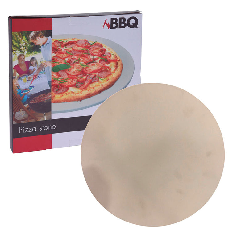 Piedra cerámica redonda de 33 cm para cocinar pizzas en barbacoa junto a su caja de embalaje