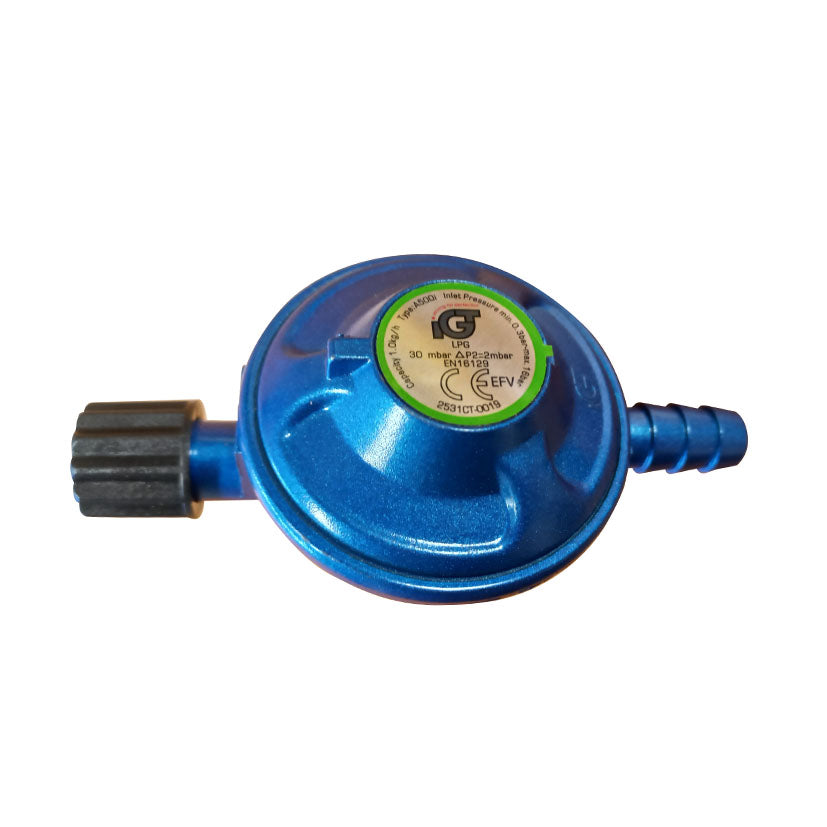 Regulador de gas IGT azul de 29 mbar para bombona tipo Campingaz con boquilla de salida de 11mm
