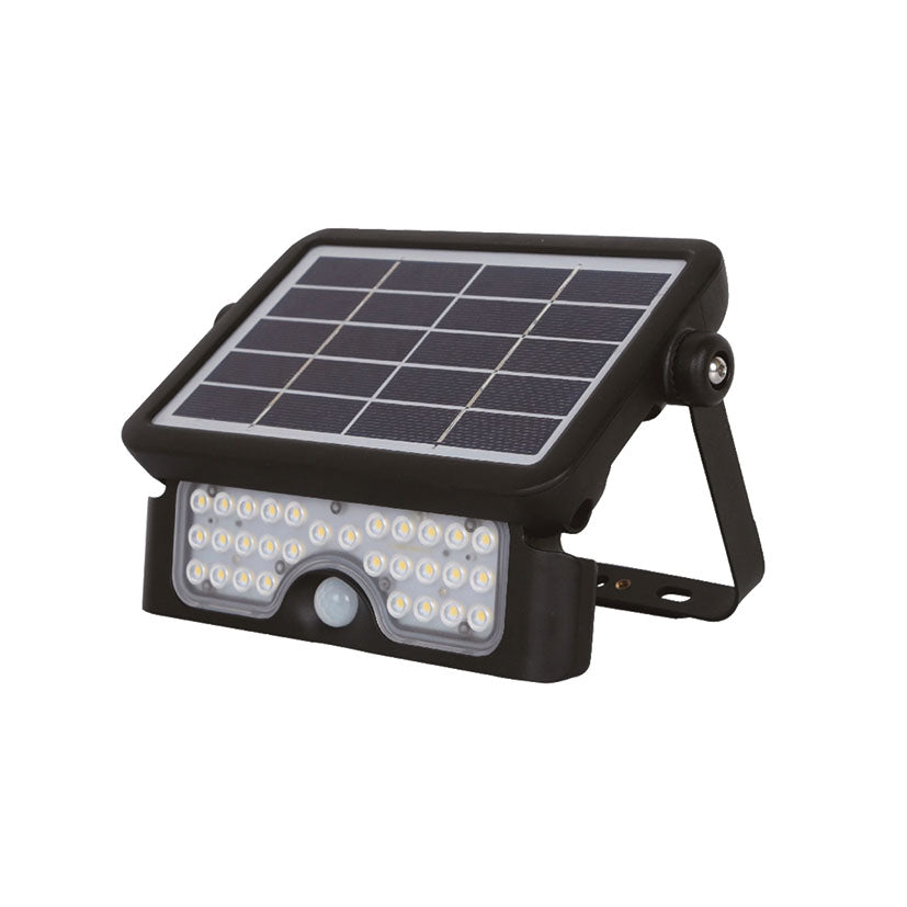 Proyector LED solar negro 5W Electrobilsa con panel solar ajustable y sensor de movimiento PIR frontal