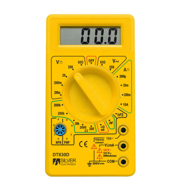 Multímetro digital Silver Electronics DT832 amarillo con pantalla LCD y selector giratorio de funciones.