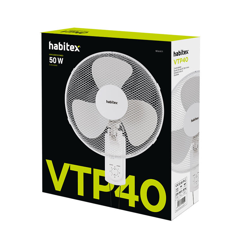 Caja del ventilador de pared Habitex VTP40 con especificaciones técnicas de 50W y 3 velocidades