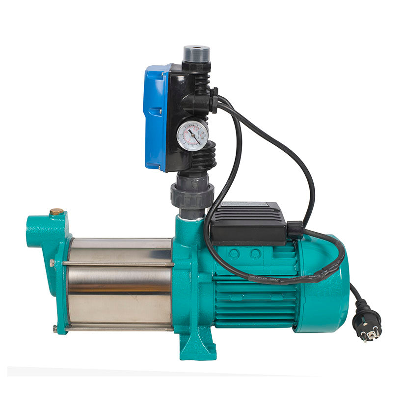 Vista lateral de electrobomba multicelular Hidrobex MH120 mostrando manómetro de presión y motor turquesa