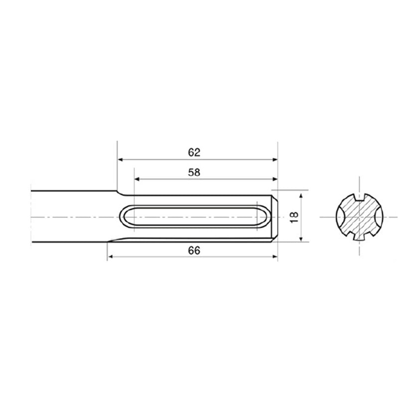 Esquema técnico de inserción SDS-Max con cotas de 18mm y detalles de anclaje