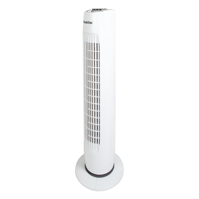 Ventilador de torre Habitex VT-45 blanco con diseño estilizado y base circular estable.