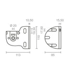 Plano técnico con cotas y medidas detalladas del soporte de toldo MICEL TLD03: 113mm de largo y 110mm de alto.