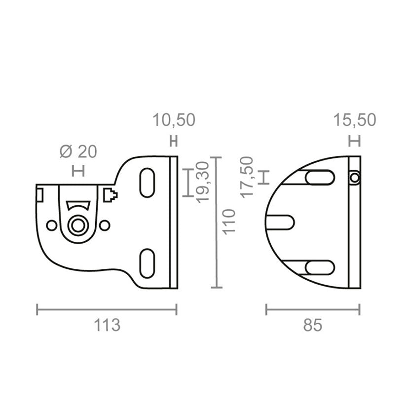 Plano técnico con cotas y medidas detalladas del soporte de toldo MICEL TLD03: 113mm de largo y 110mm de alto.