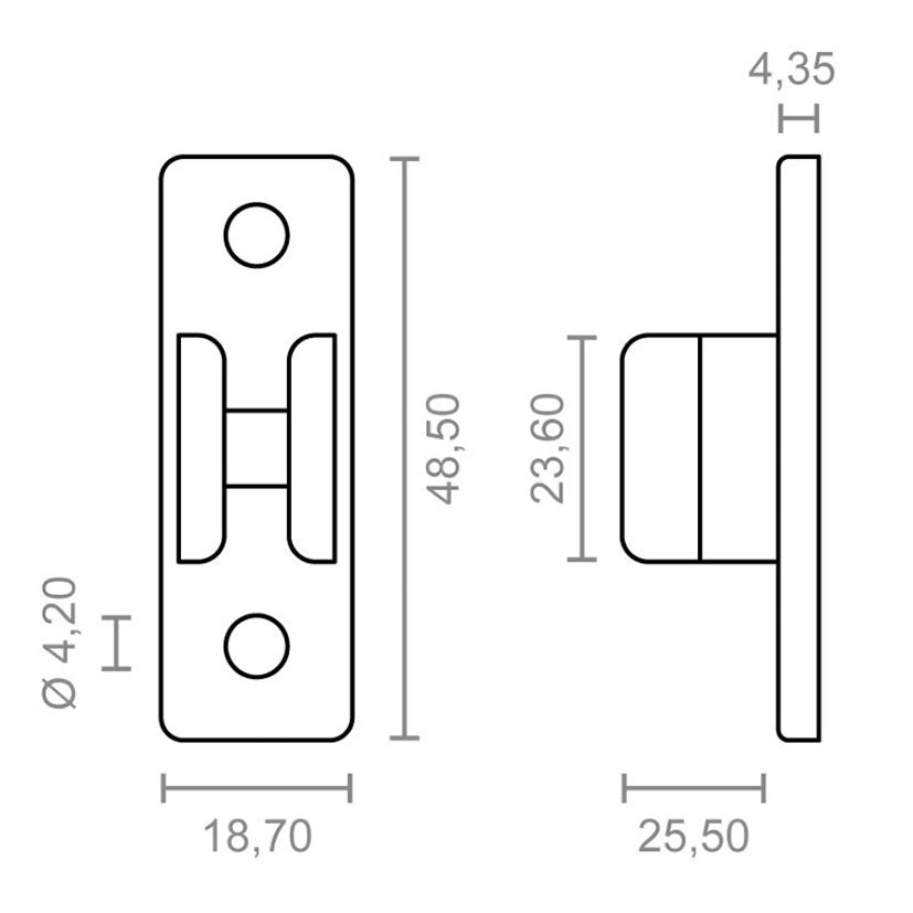 Plano técnico con dimensiones detalladas de la pinza de sujeción MICEL TLD07: 18,7 x 25,5 x 48,5 mm.