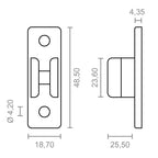 Plano técnico con dimensiones detalladas de la pinza de sujeción MICEL TLD07: 18,7 x 25,5 x 48,5 mm.