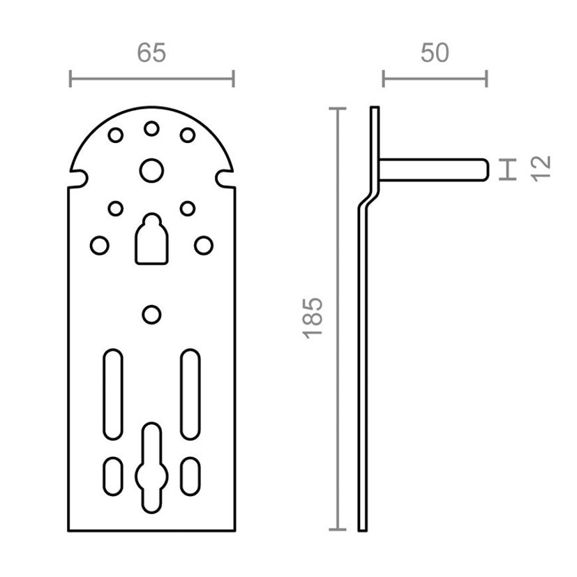 Esquema técnico con medidas 185x65x50 mm del soporte para toldo de pared MICEL