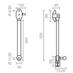 Esquema técnico con medidas detalladas del brazo de toldo MICEL TLD10 de 525mm de alto.
