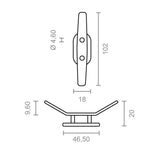 Esquema técnico con dimensiones detalladas de la cornamusa TLD15 de 102mm de altura.