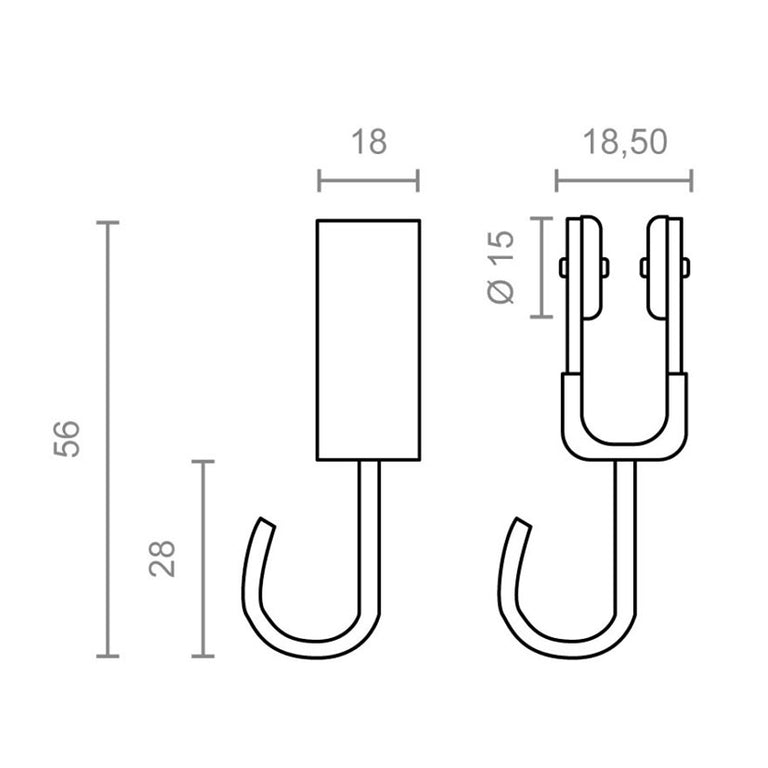 Croquis técnico de polea TLD18 con dimensiones de 56x18.5x18mm y diámetro de rueda de 15mm