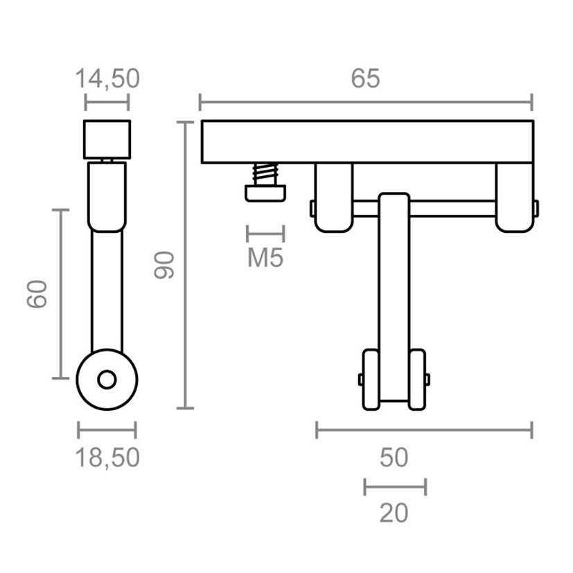 Esquema técnico con dimensiones de la polea corredera TLD21: 65mm largo y 90mm alto.