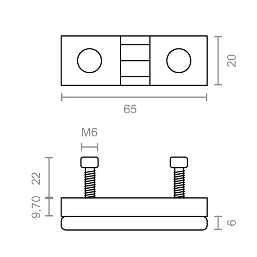 Plano técnico del pisacuerda MICEL TLD22 con dimensiones de 65x20mm y tornillos M6.