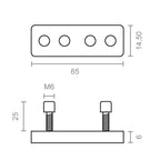 Plano técnico con dimensiones de la regleta para toldo TLD25: 65mm de largo y tornillos M6.