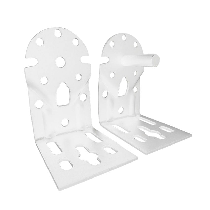 Pareja de soportes de acero blanco MICEL TLD08 para eje de toldo, vista frontal y lateral.