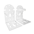 Pareja de soportes de acero blanco MICEL TLD08 para eje de toldo, vista frontal y lateral.