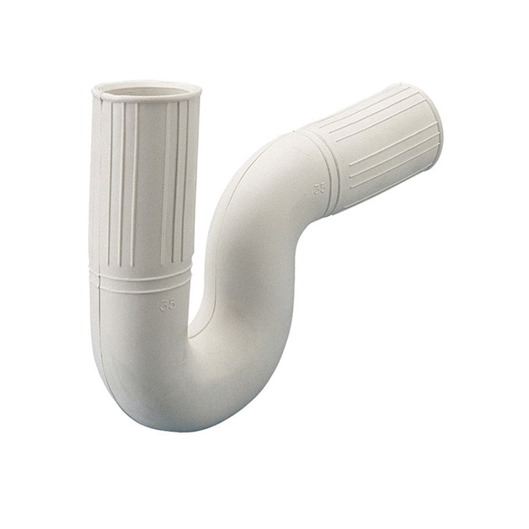 Sifón flexible abierto HABITEX de PVC blanco para conexión de desagüe horizontal.
