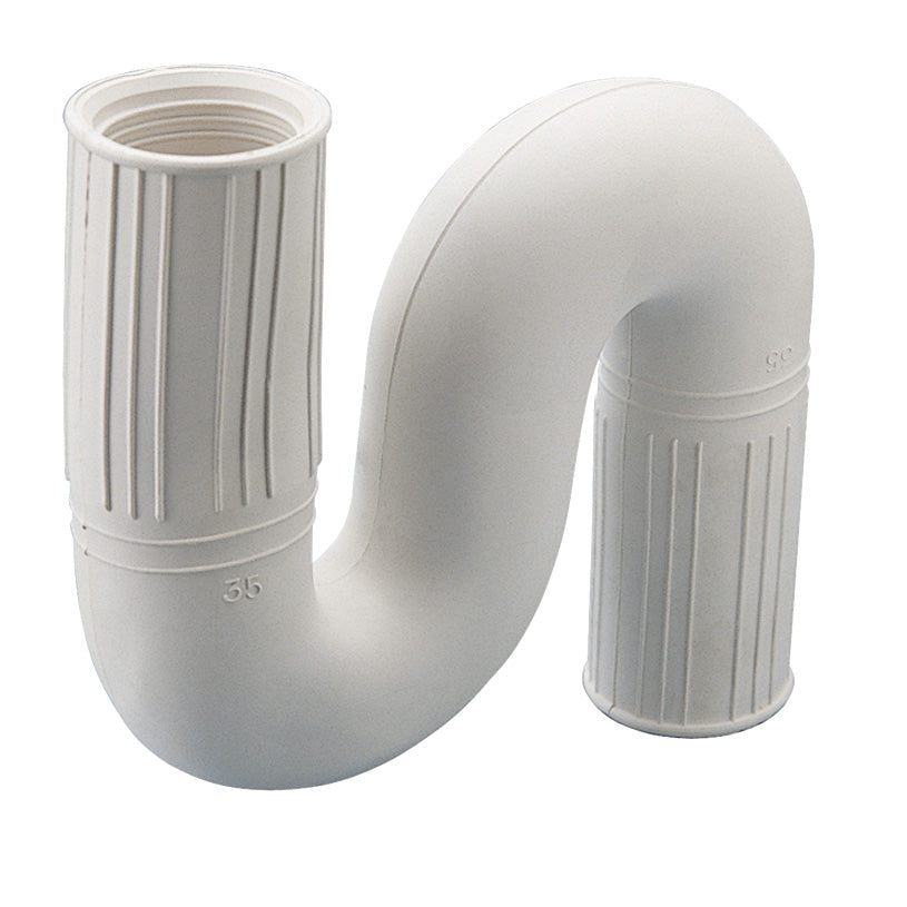 Sifón flexible cerrado HABITEX de PVC blanco con diseño en forma de S para evitar olores.