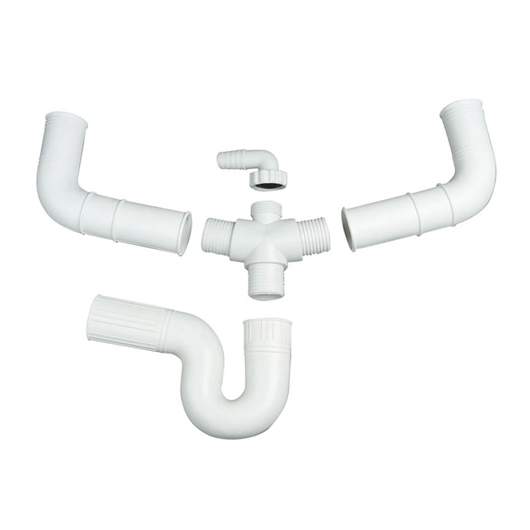 Kit de sifón flexible doble HABITEX con piezas de conexión y toma para lavadora en PVC blanco.