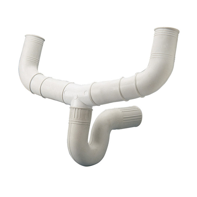 Sifón flexible doble HABITEX montado en forma de U para evacuación de agua en fregaderos.
