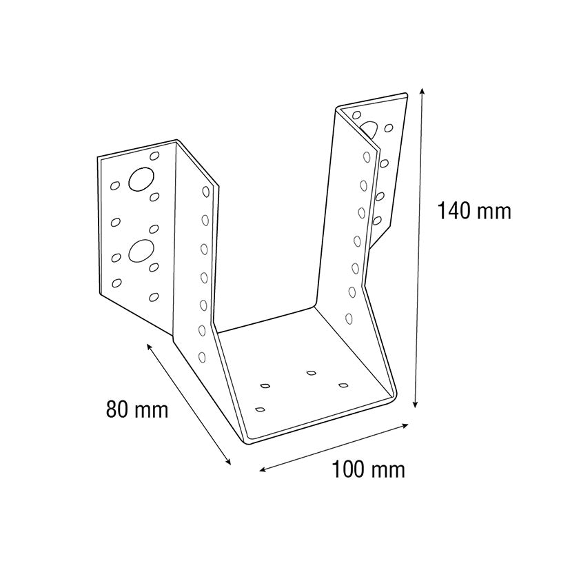Esquema de dimensiones 80x100x140 mm para herraje de viga abierto