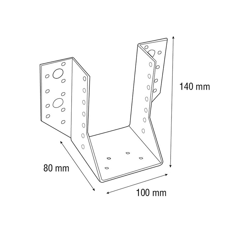 Esquema de dimensiones 80x100x140 mm para herraje de viga abierto