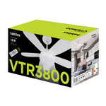 Caja de embalaje del ventilador de techo Habitex VTR3800 con detalles técnicos y eficiencia energética