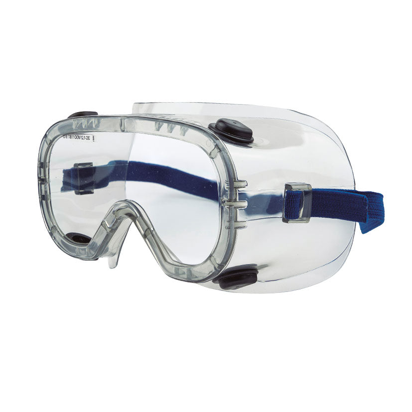 Gafa de protección integral FUSIONNA Amplivision Pro 4V con ocular transparente y banda elástica azul ajustable