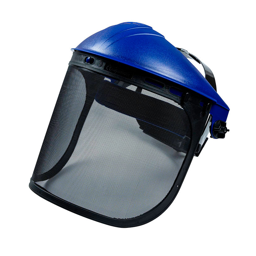 Protector facial forestal FUSIONNA 4360 con visor de malla de acero y arnés azul ajustable