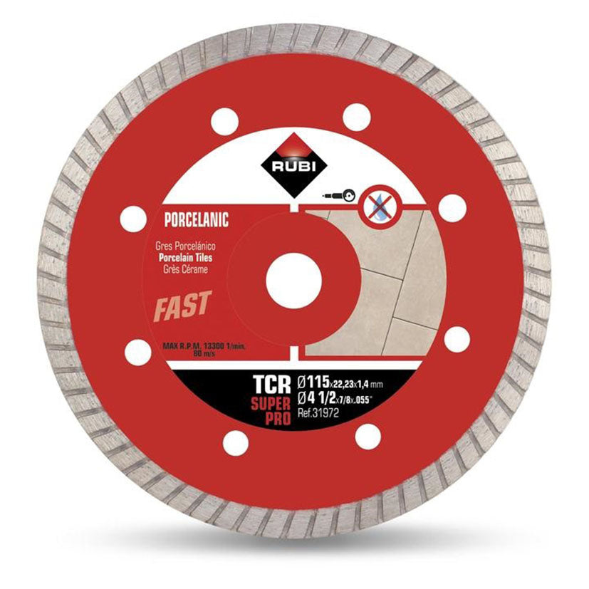 Disco de diamante RUBI TCR 115 SuperPro para corte de gres porcelánico, diámetro 115mm y espesor 1.4mm.
