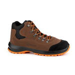 Bota de seguridad Robusta Ricino S3 en piel nobuck marrón con suela naranja y refuerzos negros.