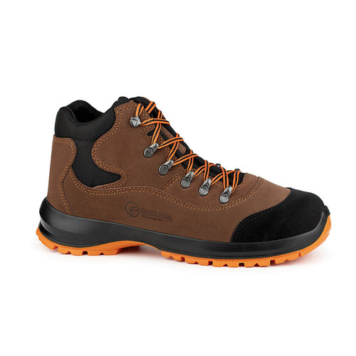 Bota de seguridad Robusta Ricino S3 en piel nobuck marrón con suela naranja y refuerzos negros.