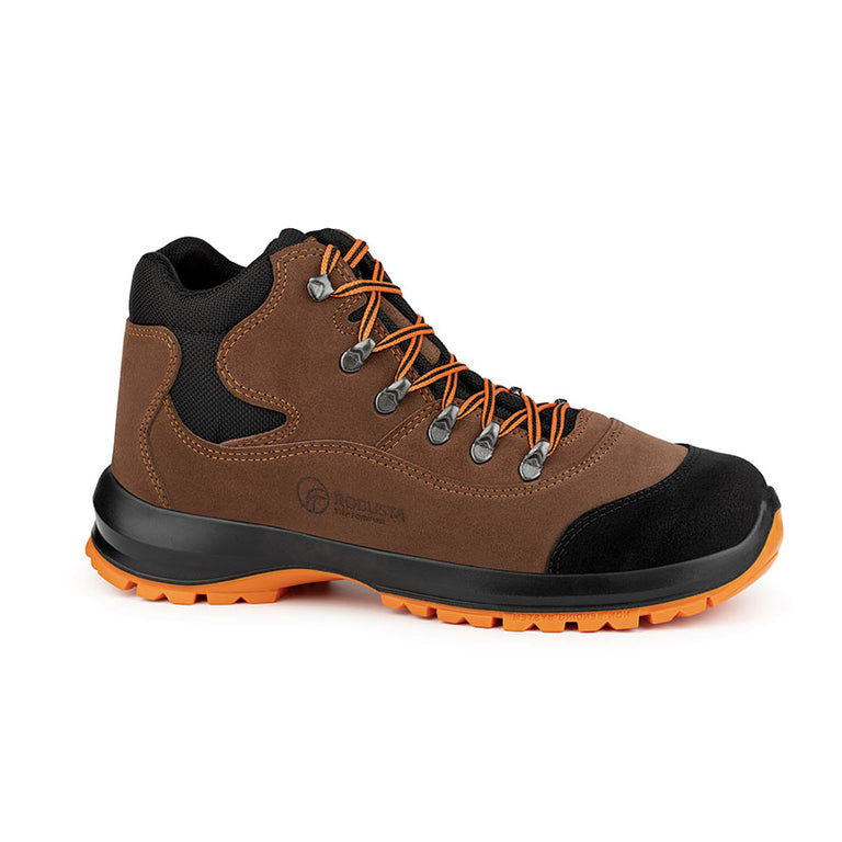 Bota de seguridad Robusta Ricino S3 en piel nobuck marrón con suela naranja y refuerzos negros.