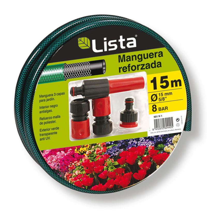 Rollo manguera reforzada LISTA 15m diámetro 15mm para riego exterior