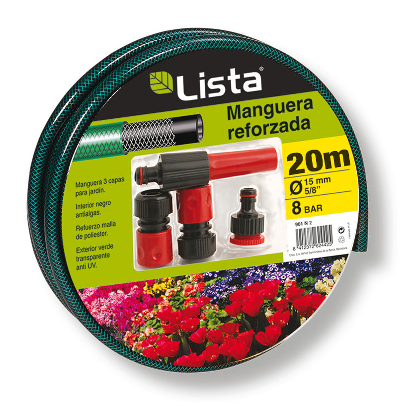 Kit manguera jardín LISTA 20m tricapa antialgas con conectores rápidos