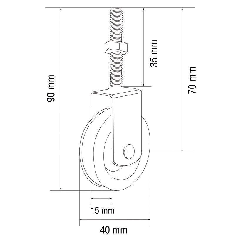 Esquema técnico con dimensiones de polea para tendedero: 40mm de diámetro y 90mm de largo total.