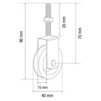 Esquema técnico con dimensiones de polea para tendedero: 40mm de diámetro y 90mm de largo total.