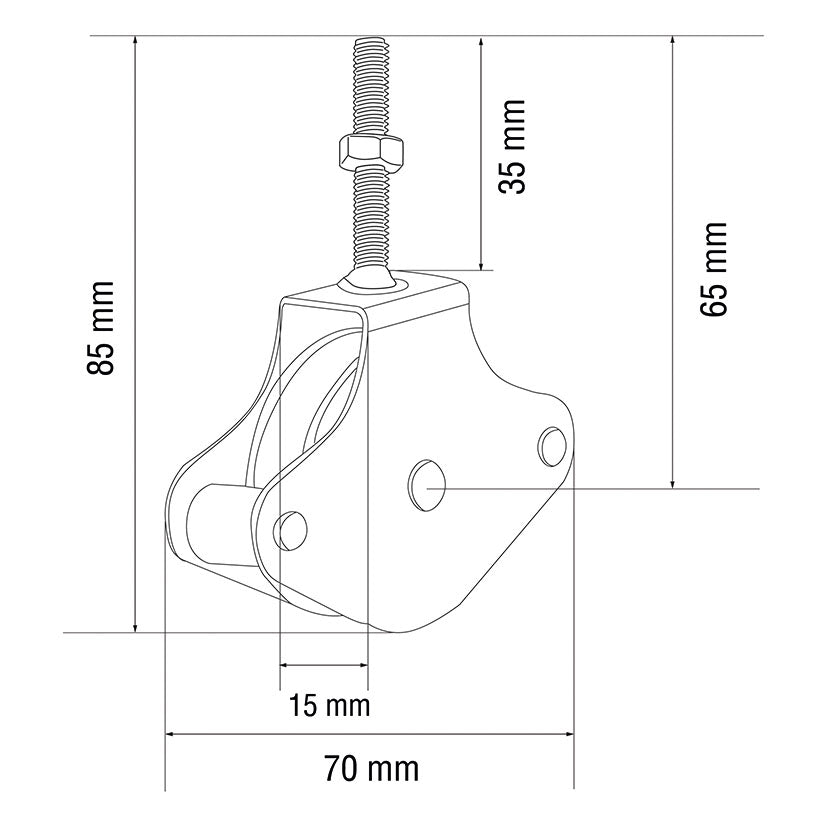 Esquema técnico con dimensiones de la polea de tendedero EHL: 85mm de alto y 70mm de ancho