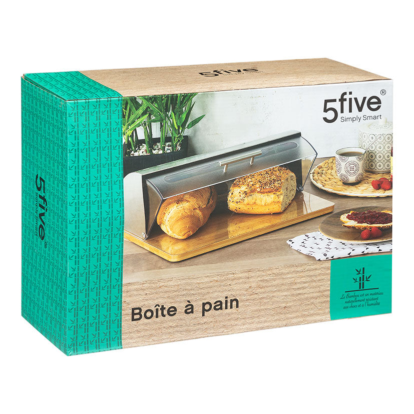 Embalaje original de la Panera 5five Boîte à pain mostrando el producto en uso con pan fresco.