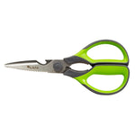 Tijera multiusos LISTA de 22 cm con hojas de acero inoxidable dentadas y mango ergonómico verde y gris.