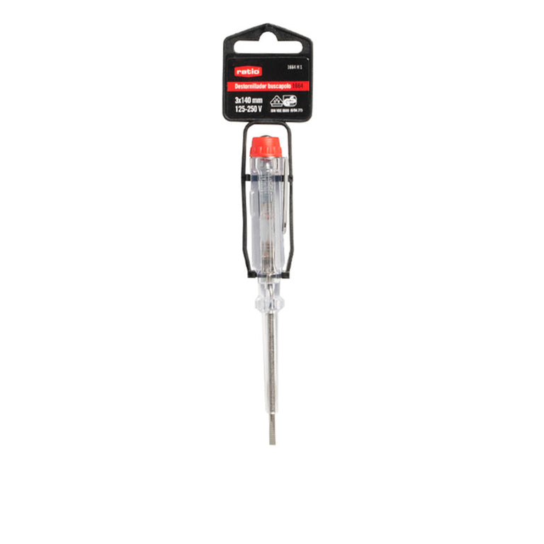 Embalaje del buscapolos RATIO 1664H1 de 140 mm con certificaciones VDE y GS visibles.