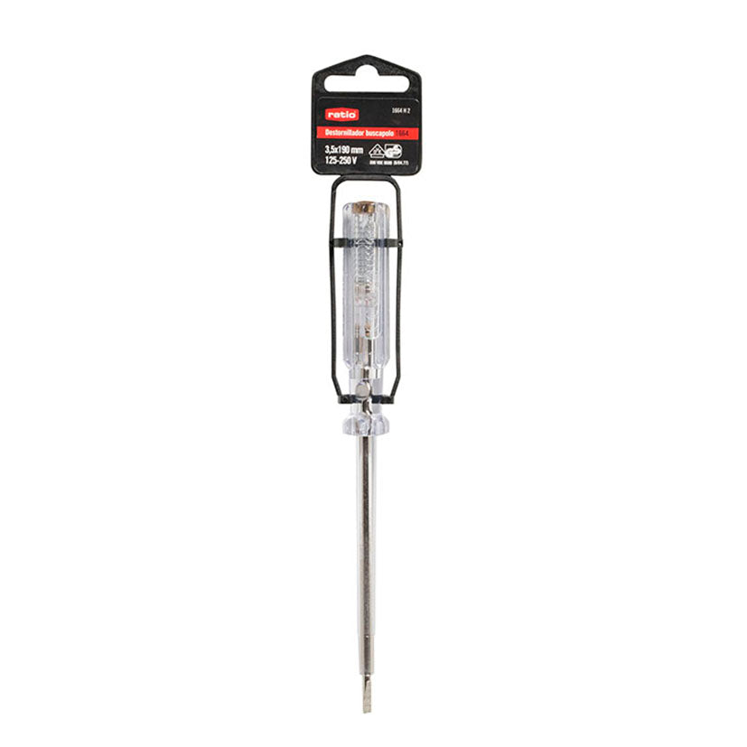 Presentación en blíster del destornillador buscapolos RATIO 1664H2 de 190 mm para colgar.