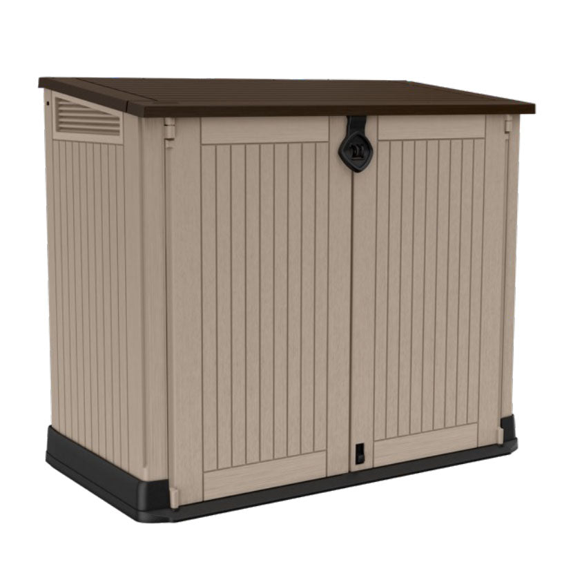 Cobertizo exterior Keter Store It Out Midi 880L en color beige con tapa marrón y doble puerta frontal