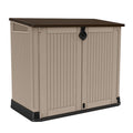 Cobertizo exterior Keter Store It Out Midi 880L en color beige con tapa marrón y doble puerta frontal